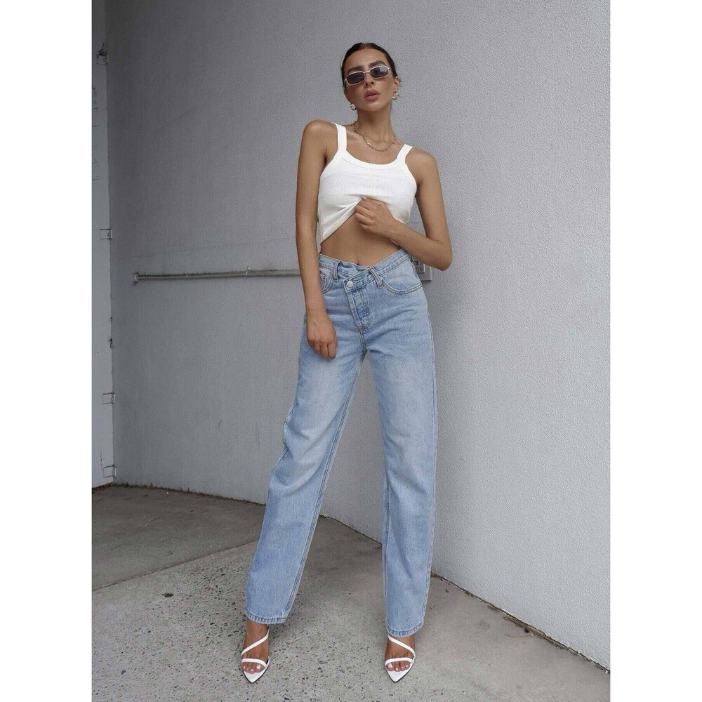 Princess Polly Holly Asymmetric Straight Leg Jean Light Wash Denim Cotton US 4